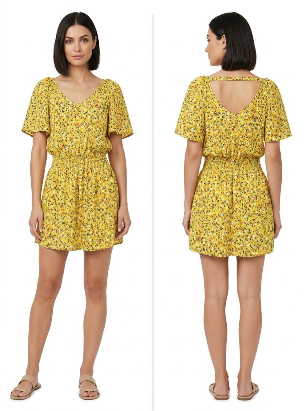 BCBGeneration Yellow Geometric Print Smocked Waist Dress Women Size XXS